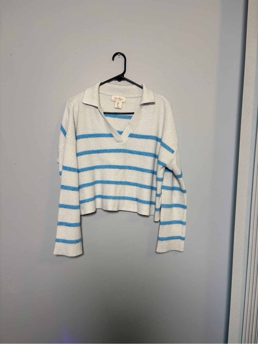 Jessica Simpson White Sweater with Light Blue Stripes V-Neck
